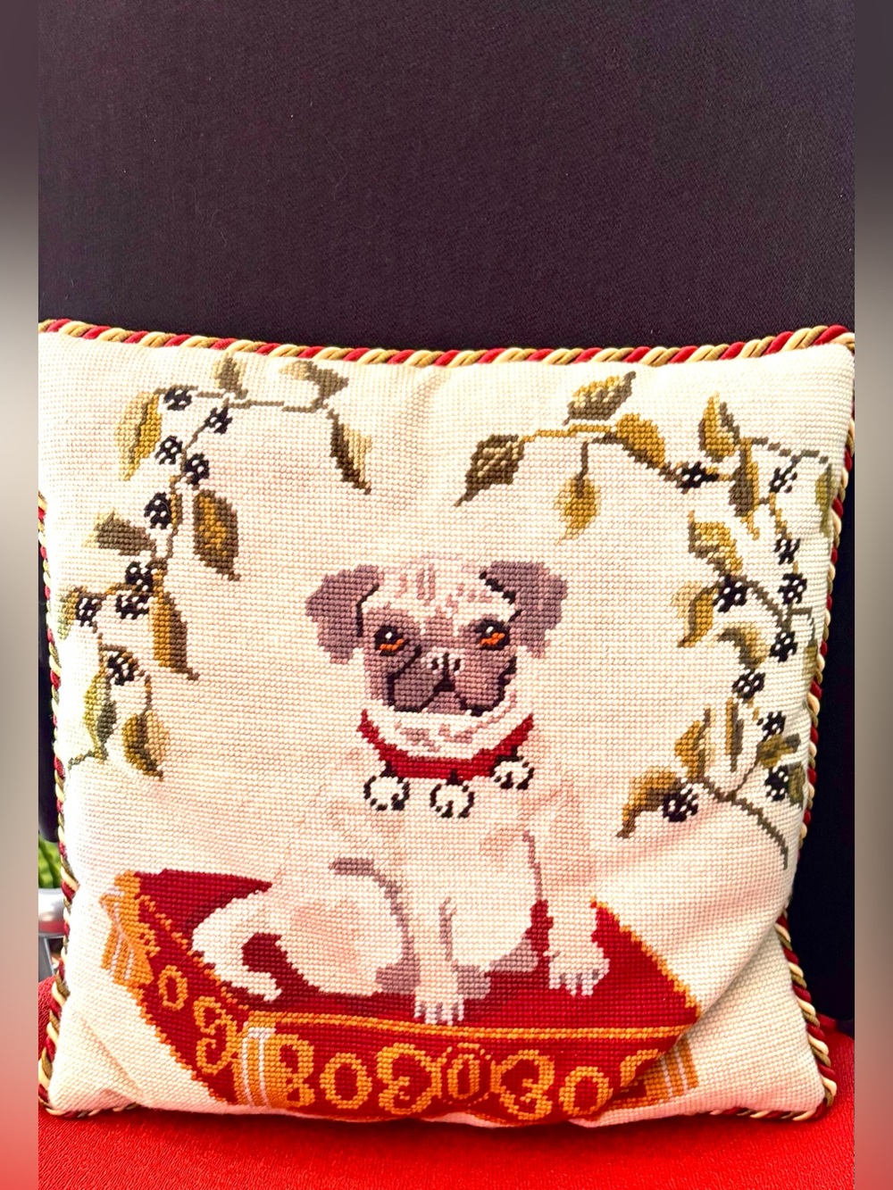 Fawn Pug Needlepoint Pillow Hand Sewn Vintage Victorian Portrait
Excellent Cond